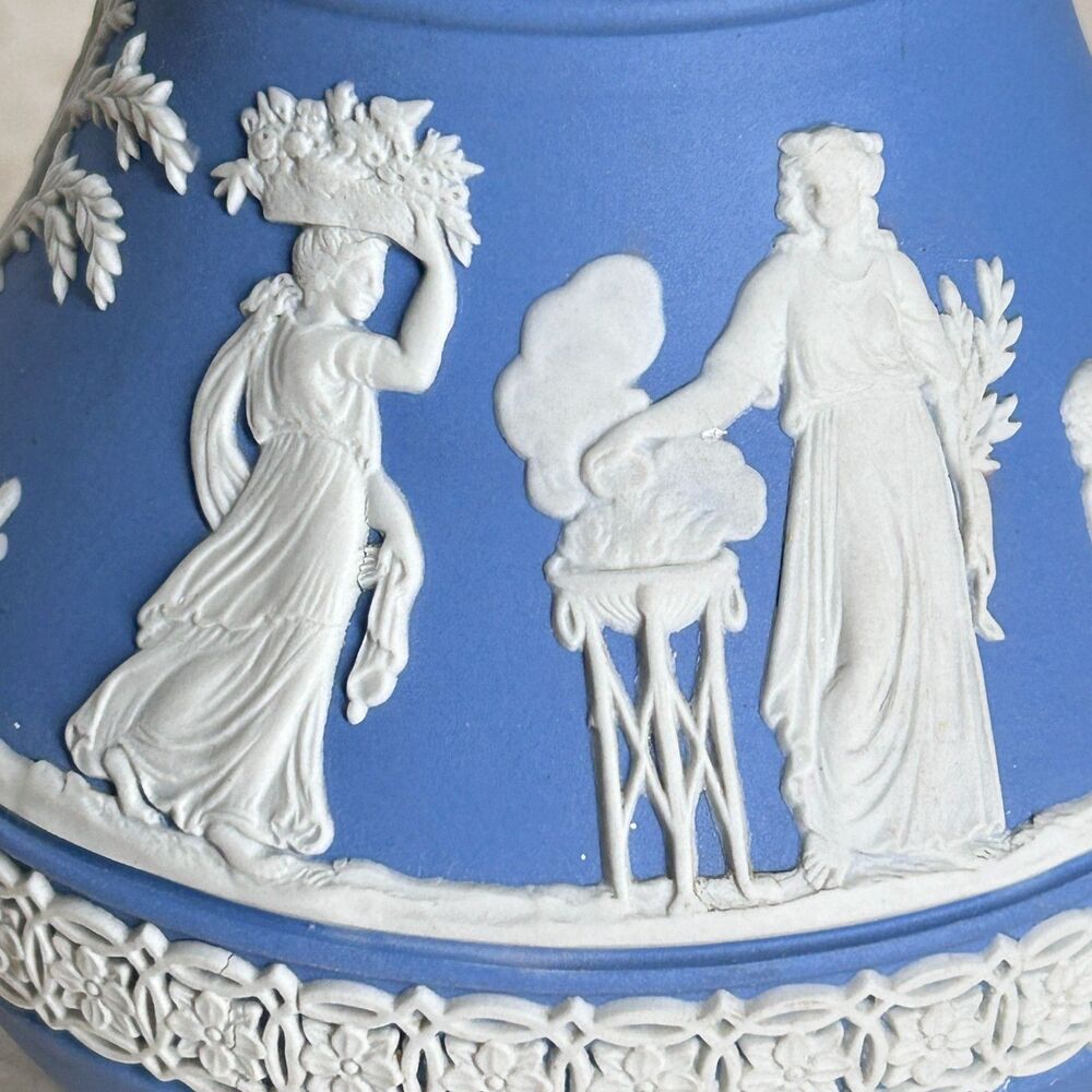 Vintage Wedgwood Pitcher Grecian Women Child Cherub Palm Tree Blue White 5" - Picture 3 of 9